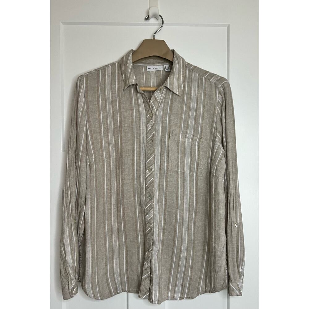 Susan Graver Button Up Blouse Tan White Size LARGE Linen Rayon